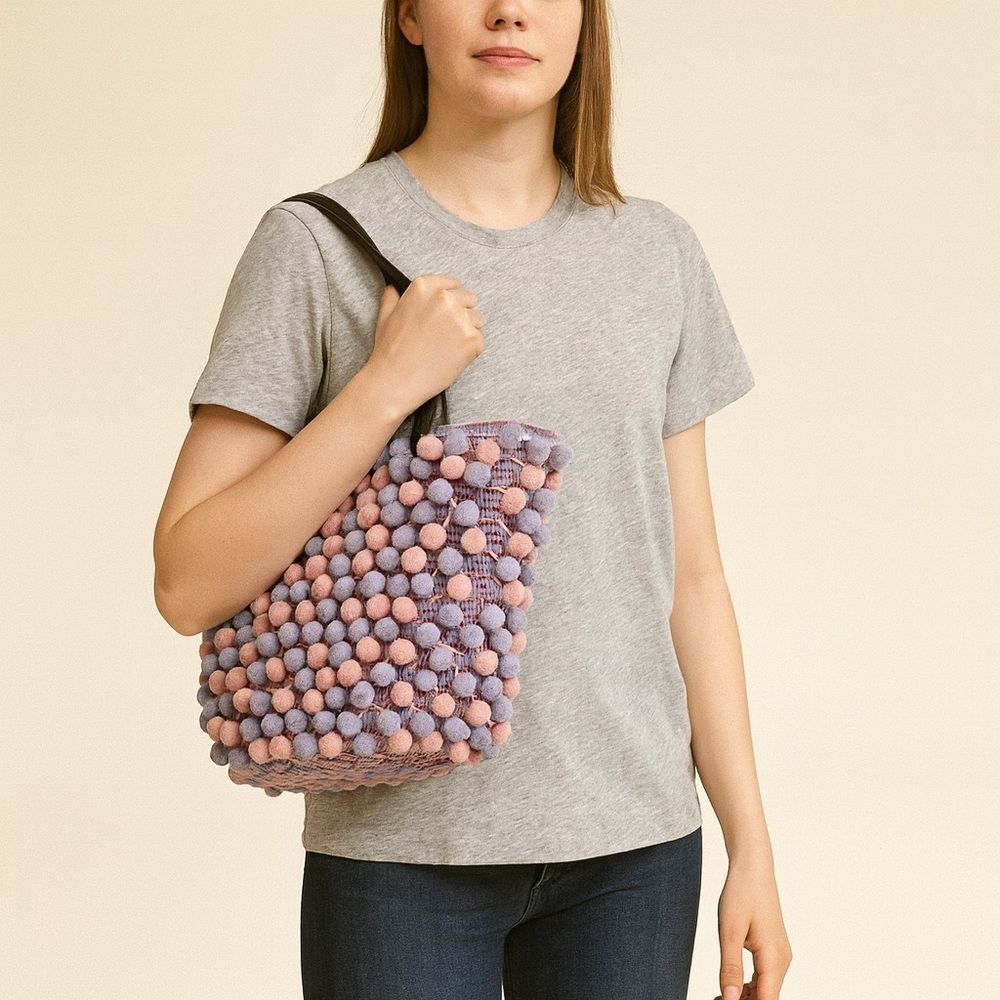 Handmade Dransfield & Ross New York Pom Pom Tote Bag – Pink & Lavender